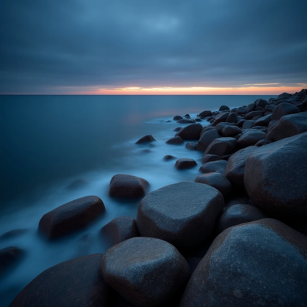 Finnish ocean at night with deep blue waters reflecting Nordic coastal light