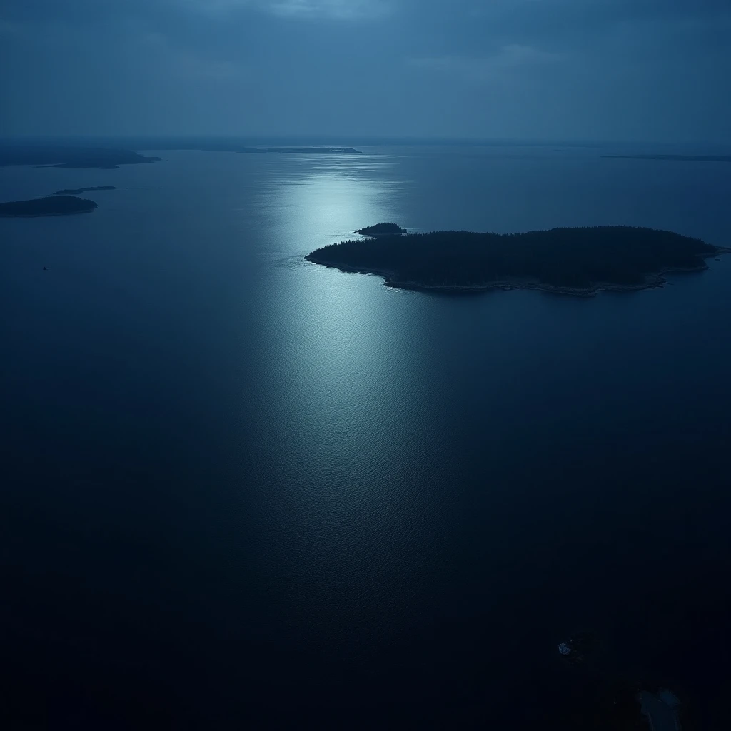 Dark Finnish ocean night sky with glowing blue waters