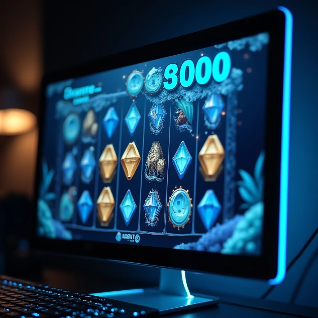 HTML5 casino-style slot game with ocean blue interface and virtual coin display
