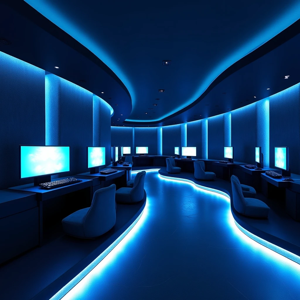 Premium VIP social gaming lounge with ocean blue lighting and virtual coin displays